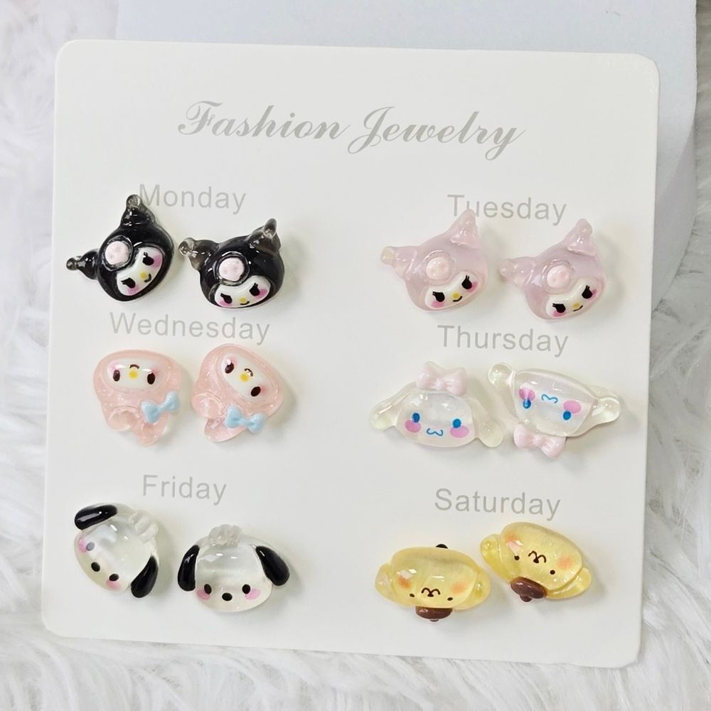Sanrio Kuromi My Melody Cinnamoroll Stud Earrings Set 6-Pair Cute Kawaii Anime
